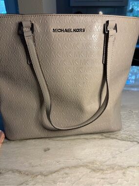 Michael Kors Neutral Taupe MK Embossed Tote